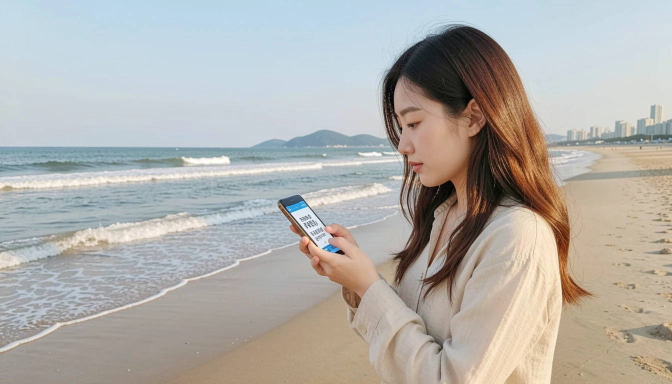 2026 동래구 청년 취업 부산 바닷가에서 스마트폰으로 취업 프로그램 확인 중이다.