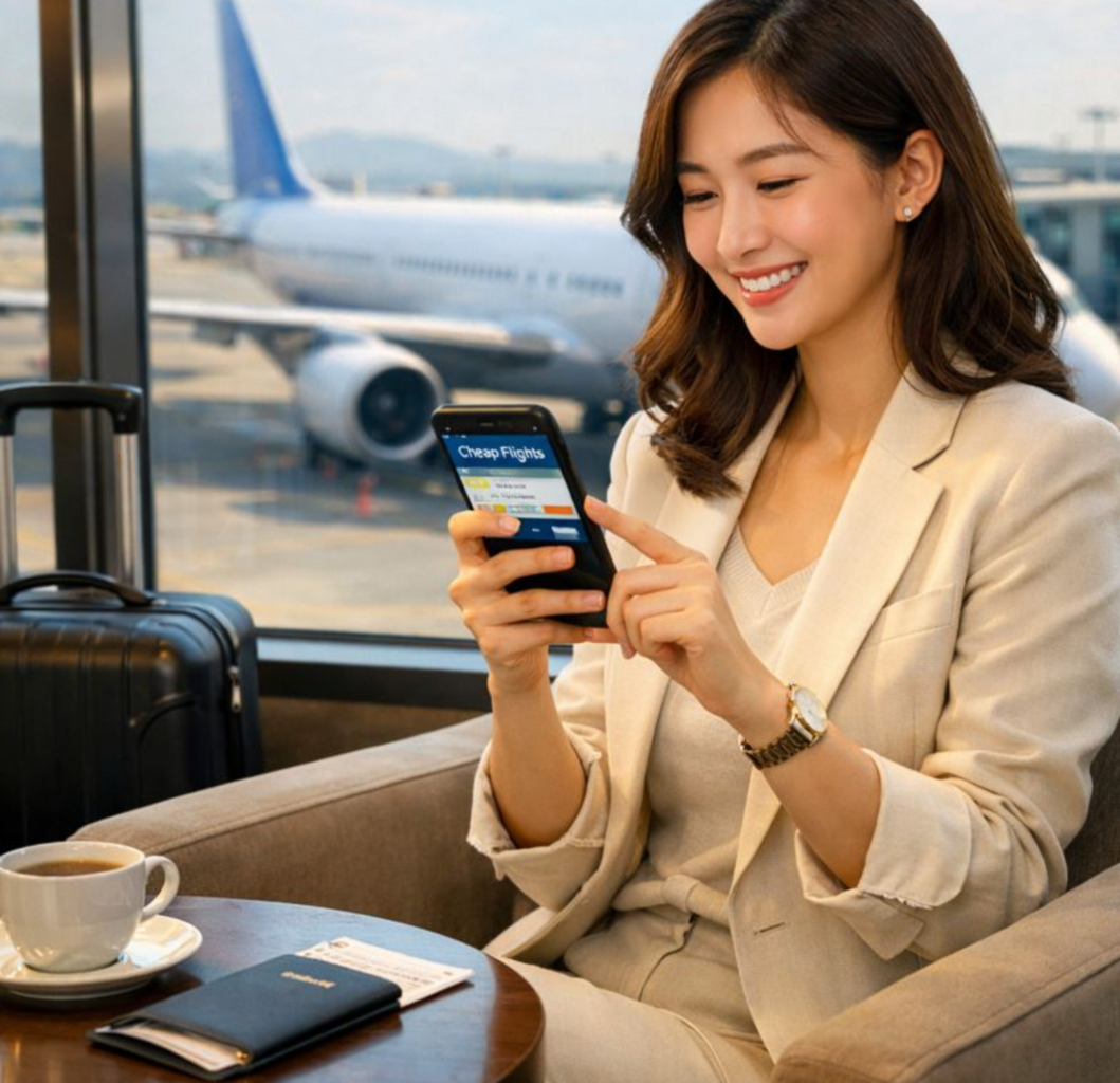 2026 해외 항공권 싸게 사는 법을 워드프레스 블로그 글을 본 여성이 공항 라운지에서 달콤한 커피를 마시며 스마트폰으로 등록해서 즐겁게 웃는 모습입니다.