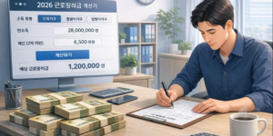 2026 근로장려금 소득별 지원금 계산기 젊은 남성이 책상에 앉아 근로장려금 신청을 작성하는 모습입니다. 책상 위 계산기와 커피로 집중 모드입니다.