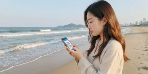 2026 동래구 청년 취업 부산 바닷가에서 스마트폰으로 취업 프로그램 확인 중이다.