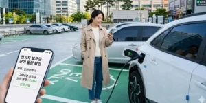 2026 전기차 보조금 소진 확인 여성 운전자가 주차장에서 충전 중인데 지자체 물량 확인 및 보조금 금액을 스마트폰으로 보는 모습입니다.