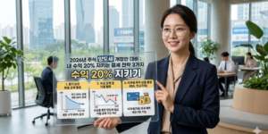 2026년 주식 양도세 개정안 증권사 창구에서 여직원 친절하게 수익 20% 지키기 전략을 안내하고 있습니다.
