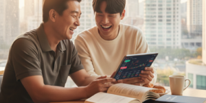 2026년 증여세 개정안 관해 아빠와 아들이 책상에 앉아 아이패드 프로를 보면서 이야기 나누는 모습입니다. 테이블 위에 커피와 빵이 보이네요.