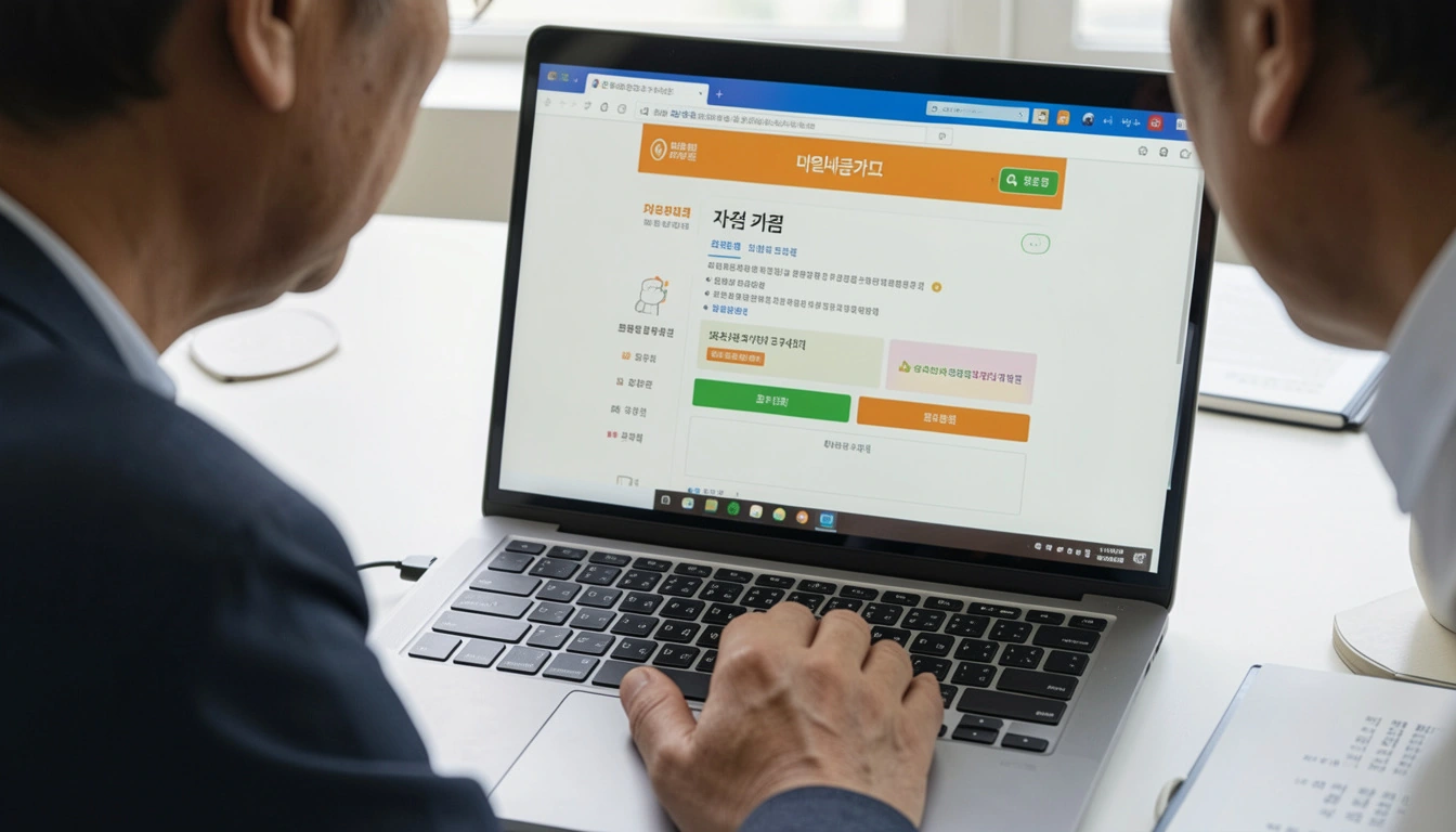 4050 재취업 자격증 중년 남성(50대)이 노트북으로 내일배움카드 자격증 페이지 열어보는 장면이다