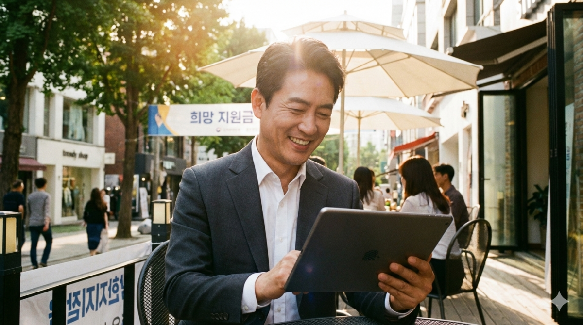 4050 재취업 재창업 정보를 아이패드 프로를 보면서 중년 남성이 카페 테라스에 앉아 검색하고 있다. 워드프레스 글에서 많은 도움을 얻고 웃고 있다.