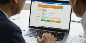 4050 재취업 자격증 중년 남성(50대)이 노트북으로 내일배움카드 자격증 페이지 열어보는 장면이다