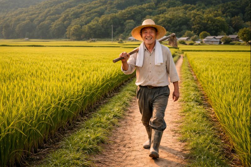 2026 주택연금 농지연금 비교 사항으로 대한민국 농촌에서 농사를 지는 아저씨가 벼농사에 웃는 얼굴로 걸어가고 있습니다. 농지은행 컨설팅이 좋네요