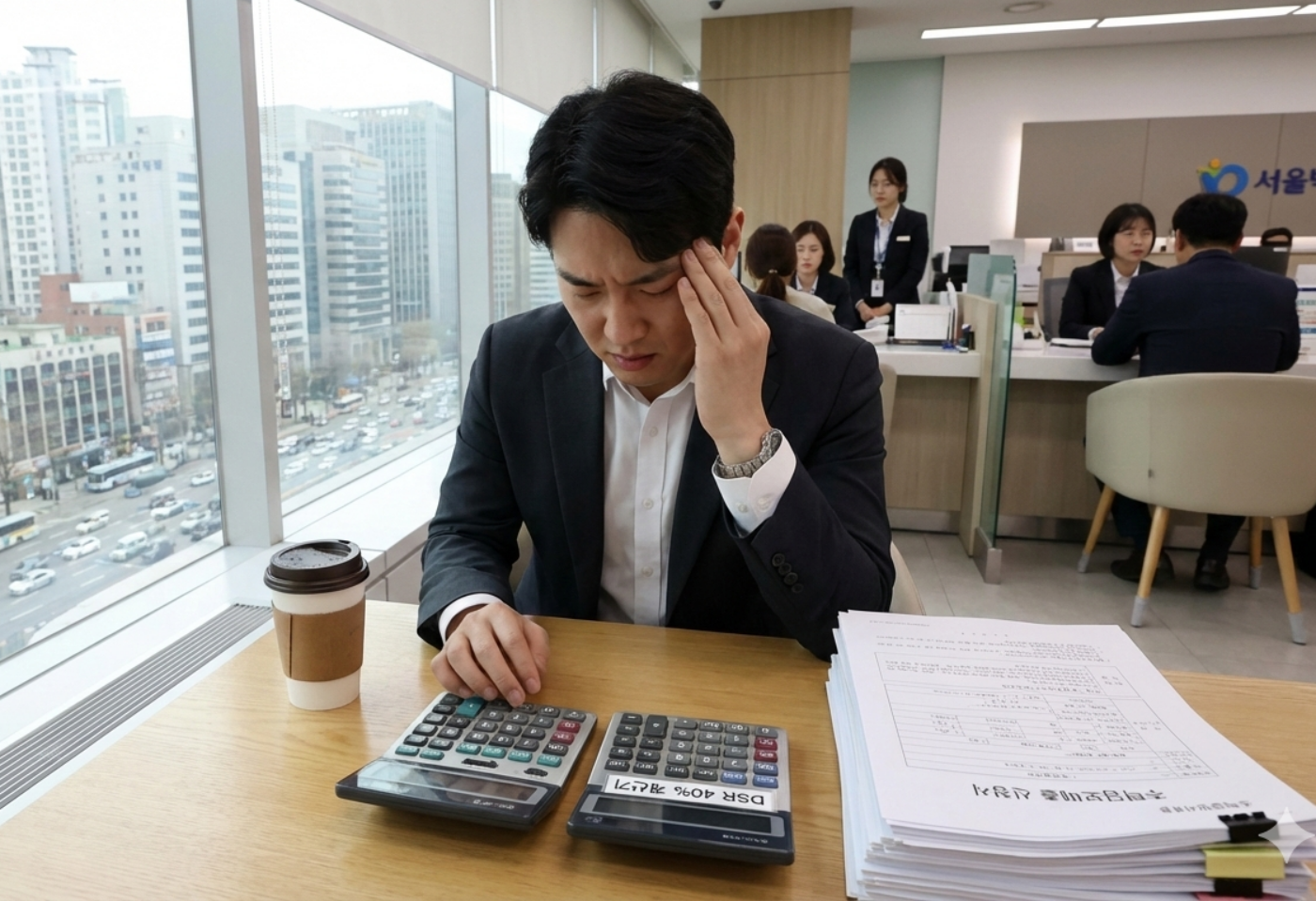 DSR 규제 강화 대출 문의로 젊은 남성이 은행 창구에서 계산기를 갖고 한도와 금리를 계산하는 모습입니다. 스트레스 DSR 대출처럼 남성의 스트레스 이바이 중입니다.