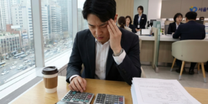 DSR 규제 강화 대출 문의로 젊은 남성이 은행 창구에서 계산기를 갖고 한도와 금리를 계산하는 모습입니다. 스트레스 DSR 대출처럼 남성의 스트레스 이바이 중입니다.