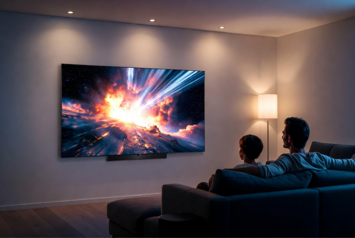 홈시어터 LG OLED 83인치 거실 쇼파에서 엄청난 화질의 영화를 감상중이다
