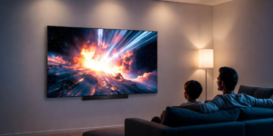 LG 올레드 TV 800만원 화질의 최강으로 아빠, 아들이 TV 속 우주 대폭발 영화를 쇼파에 앉아 감상하고 있습니다.