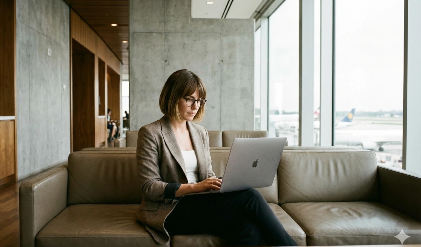MacBook Pro 배터리 최적화 작업으로 공항 라운지에서 출국 전 여성이 맥북 프로 비즈니스 미팅 계약서를 쇼파에 앉자 점검 중입니다.