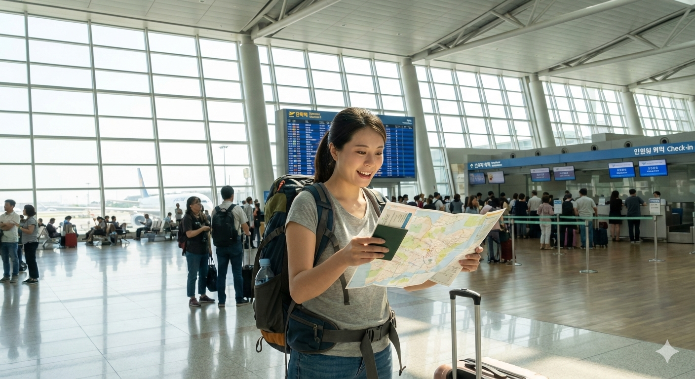 airport-인천공항 환승 여행지 안내소에서 여성 여행자가 지도를 보면 여행지와 맛집 확인하고 있다. 커다란 배당을 메고 분주히 발걸음을 내딪고 있다.