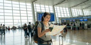 airport-인천공항 환승 여행지 안내소에서 여성 여행자가 지도를 보면 여행지와 맛집 확인하고 있다. 커다란 배당을 메고 분주히 발걸음을 내딪고 있다.