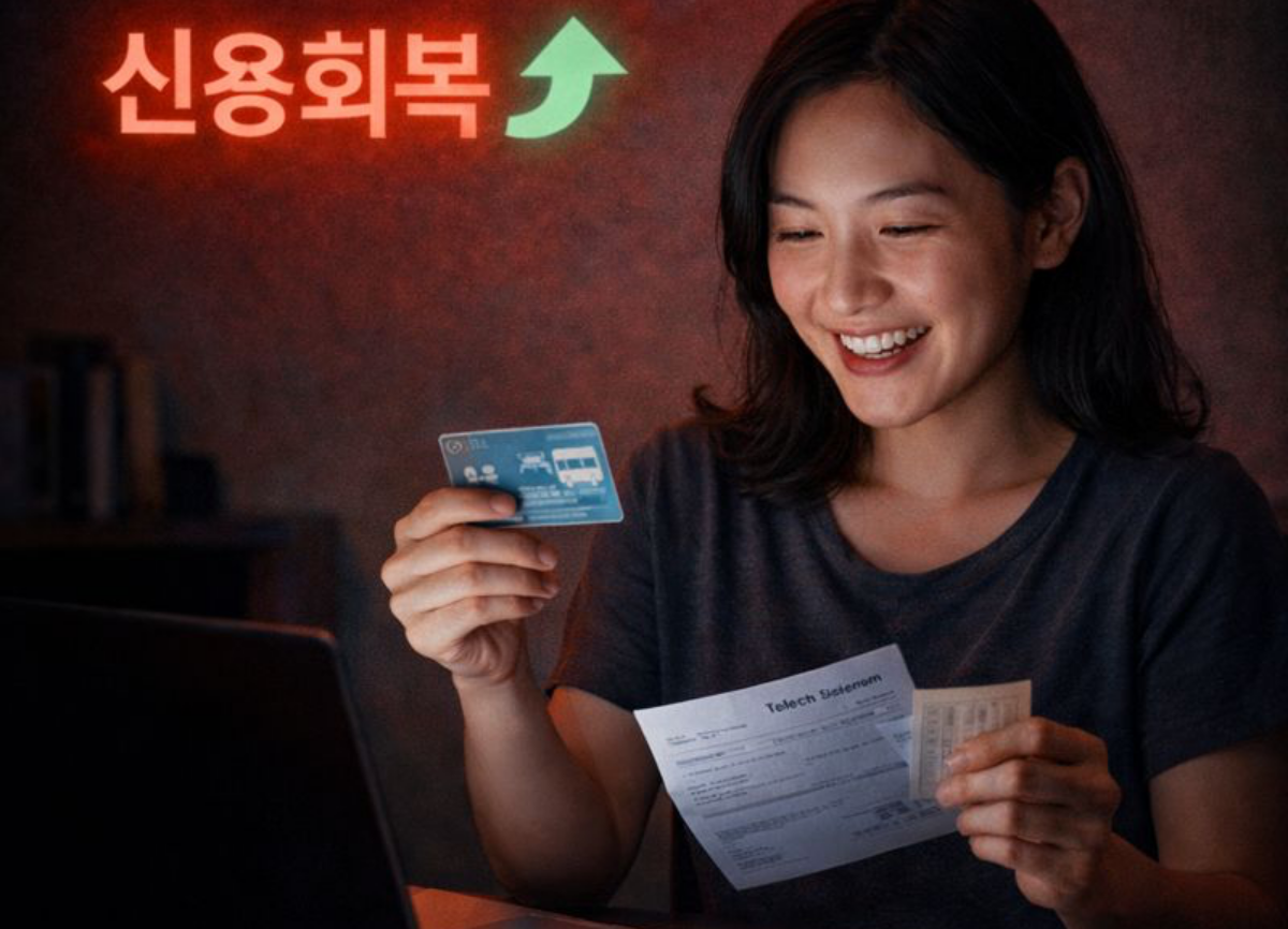 신용점수 올리는 방법 체크 카드, 통신요금 납부, 금융 조회 최소화에 웃는 여성이 열심히 신용 회복에 도전하는 모습입니다.