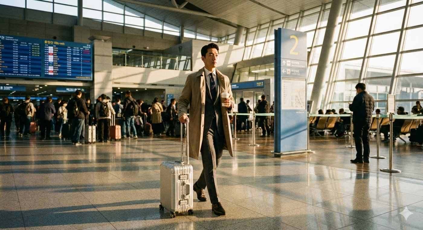 hotel-인천공항 출장 호텔 만족하는 곳에서 전날 자고 가벼운 마음으로 출장하는 남성이다. 공항 라운지 케리어를 끌고 한 손에 커피를 들고 유유히 걸어가는 모습입니다.