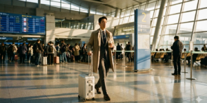 hotel-인천공항 출장 호텔 만족하는 곳에서 전날 자고 가벼운 마음으로 출장하는 남성이다. 공항 라운지 케리어를 끌고 한 손에 커피를 들고 유유히 걸어가는 모습입니다.