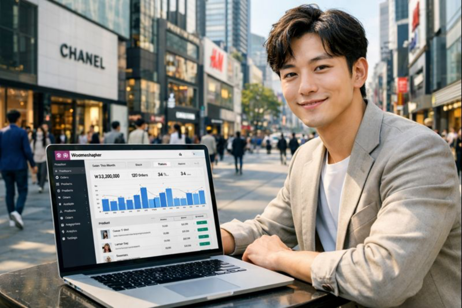 워드프레스 쇼핑몰 운영하는 젊은 남성이 카페거리에서 맥북 프로를 놓고 wordpress WooCommerce 가입과 쇼핑 운영에 대해 설명하는 모습입니다.