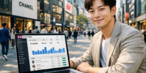 워드프레스 쇼핑몰 운영하는 젊은 남성이 카페거리에서 맥북 프로를 놓고 wordpress WooCommerce 가입과 쇼핑 운영에 대해 설명하는 모습입니다.
