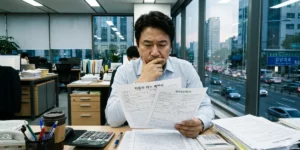 개인사업자 자동차 운용리스 계약서를 보고서 고민하는 40대 중년 남성입니다. 강남대로 빌딩 사무실에 서류와 계산서를 보고 있습니다.