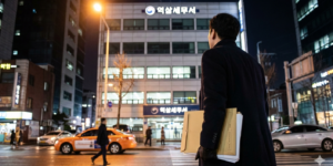 근로장려금 부적격 통보 안내로 한 남성이 도로에서 세무서 방향으로 서류 뭉치를 가지고 건너가는 모습입니다.