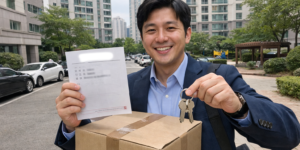 근로장려금 세대분리 완료하는 남성이 집 키를 잡고 웃으면 바라고 있습니다. 네모 상자에 간단히 물건을 담고 아파트 단지를 걷고 있다.