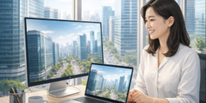 맥북 추가 모니터 강남 사무실에 여성이 맥북 과 애플 스튜디오 디스플레이 연결하는 것에 웃는 얼굴로 책상에 앉아 있다.
