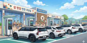 설날 전기차 충전 기아차, 현대차, 테슬라까지 다양한 종류의 전기차가 대한민국 휴게소에 볼 수 있는 2026년 설 명절 연휴입니다. 휴게소 앞마당에 전기차와 사람들의 모습입니다.