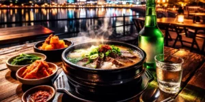 송도 브릿지 호텔 주변 맛집 리스트 입니다. 송도 센트럴파크를 바라보면 국밥과 소주가 한상 차려진 모습입니다. 출국 전 새벽 식사입니다.