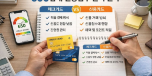 신용점수 600점대 카드 승인 처음부터 전략적으로 접근 필요합니다. 한 남성이 책상에서 노트 필기 중이다. 신용카드 2개, 볼펜, 스마트폰 놓고 열심히 관리 전략을 준비한다