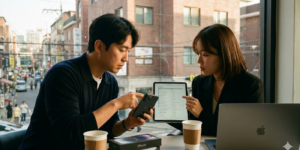 아이폰17 중고 거래를 위해서 두 남녀가 만서 성능과 안전 거래 에스크로 서비스를 이용하는 모습입니다. 카페에서 커피 한잔 마시면서 대화합니다. 맥북도 보입니다.