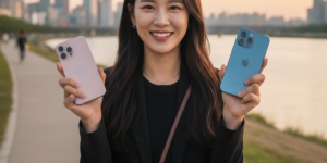 아이폰17 프로 가격 정보 일반형과 프로 고민 중인 여성의 선택은 프로 모델로 양손에 아이폰을 들고 포즈 자세입니다. 여성 손에 파란색과 핑크색 두 가지 색상을 가지고 있다.