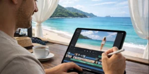 여행 영상편집 아이패드 프로 11인치 여행 중 바로 4K 영상을 바닷가 카페에서 작업하는 모습입니다. 테이블 위에 커피 한잔과 애플펜슬이 더욱 더 빛나네요.