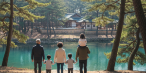 왕과 사는 남자 영월 촬영지 여행으로 소나무 숲에서 한옥을 바라고 있는 가족 사진입니다.