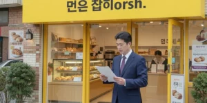 자영업자 노란우산공제 가입 빵집 자영업자 사장님이 가게 앞에서 서류를 읽고 보고 있다