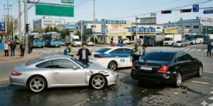 장기렌트 사고 대차 비용 사업을 운영하는 40대 운전자가 교차로 사고로 과실이 인정. 포르쉐와 벤츠S가 사고 경찰차가 왔다