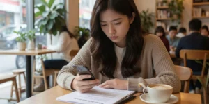 장기렌트 중도해지 위약금 계산하는 여성이 카페 테이블에서 스마트폰으로 확인 중입니다. 장기렌트카 계약서를 보면서 승계 여부를 판단합니다.