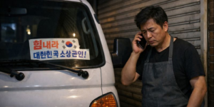 장기렌트료 연체 상담을 하는 소상공인 남성분이 렌트카 앞에서 전화 상담하는 모습입니다.