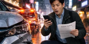 장기렌트카 면책금 교통 사고 발생 후 젊은 남성이 강남 사거리에서 장기렌트카 가입 서류를 보면서 면책금 금액을 스마트폰으로 확인하고 있는 모습입니다