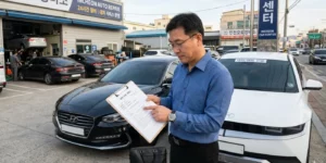 장기렌트카 정비 대차 비용 확인 중인 중년 남성이 자동차 정비소 앞에서 렌터카를 보면서 서류를 확인합니다. 영업사원이 준 처음 계약서를 하나하나 살펴봅니다.