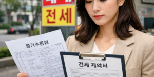 전세보증금 지키는 법 전세 계약에 앞서 여성 고객이 부동산 앞에서 서류 검토하는 중입니다. 등기부등본부터 전세 계약서 특약까지 확인합니다.