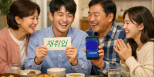 중장년 재취업 지원금 아빠 엄마 나 부인 가족 모두가 웃으면 식탁에서 밥을 먹고 있습니다. 오랜만에 행복한 시간을 보냅니다.