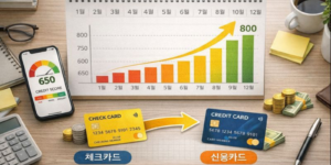 카드사 내부등급 체크카드, 신용카드가 책상 위에 있다. 달력에 신용점수 그래프 확인과 스마트폰 내부등급 확인하는 그림입니다.