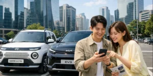 캐스퍼 EV 장기렌트 월 비용 계산하는 부부가 두 차량 중 하나를 선택하기 위해 도심 주차장에서 실물을 보고 스마트폰으로 렌트 회사의 금액을 확인하는 모습입니다.