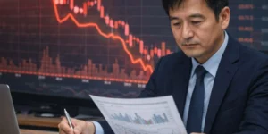 코스피 고점 이후 20% 하락 서류 검토하는 중년의 남성이 신중한 모습으로 기업 리포터를 바라고 있습니다. 맥북 프로 기업 정보 확인 중입니다.