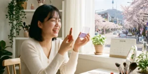 퍼스널 컬러 맞춤 화장품 한 여성이 남성이 보이는 매장에서 입술 색깔에 맞는 립스틱을 맞춰보고 만족해 하는 모습입니다.