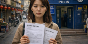 해외여행 중 휴대폰 분실 때문에 현지 경찰서에서 폴리스 리포트 작성하는데 여성 여행객입니다. 조금 심각한 표현으로 경찰서 앞에서 서류 작성하는 모습입니다.