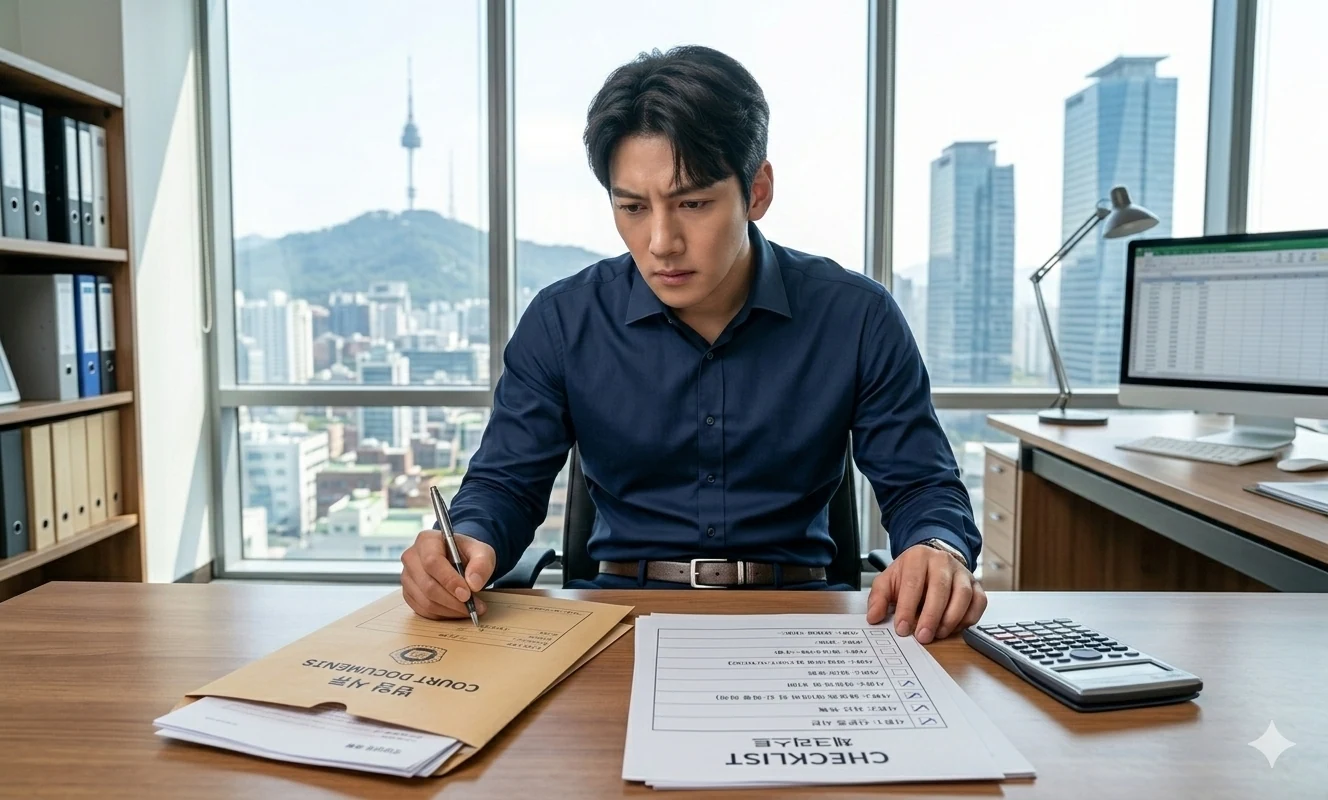 개인회생 서류준비 법원 제출하기 위해 남성이 사무실에서 계산하고 작성하는 모습입니다. 책상 위에 컴퓨터, 서류, 계산기가 보입니다,