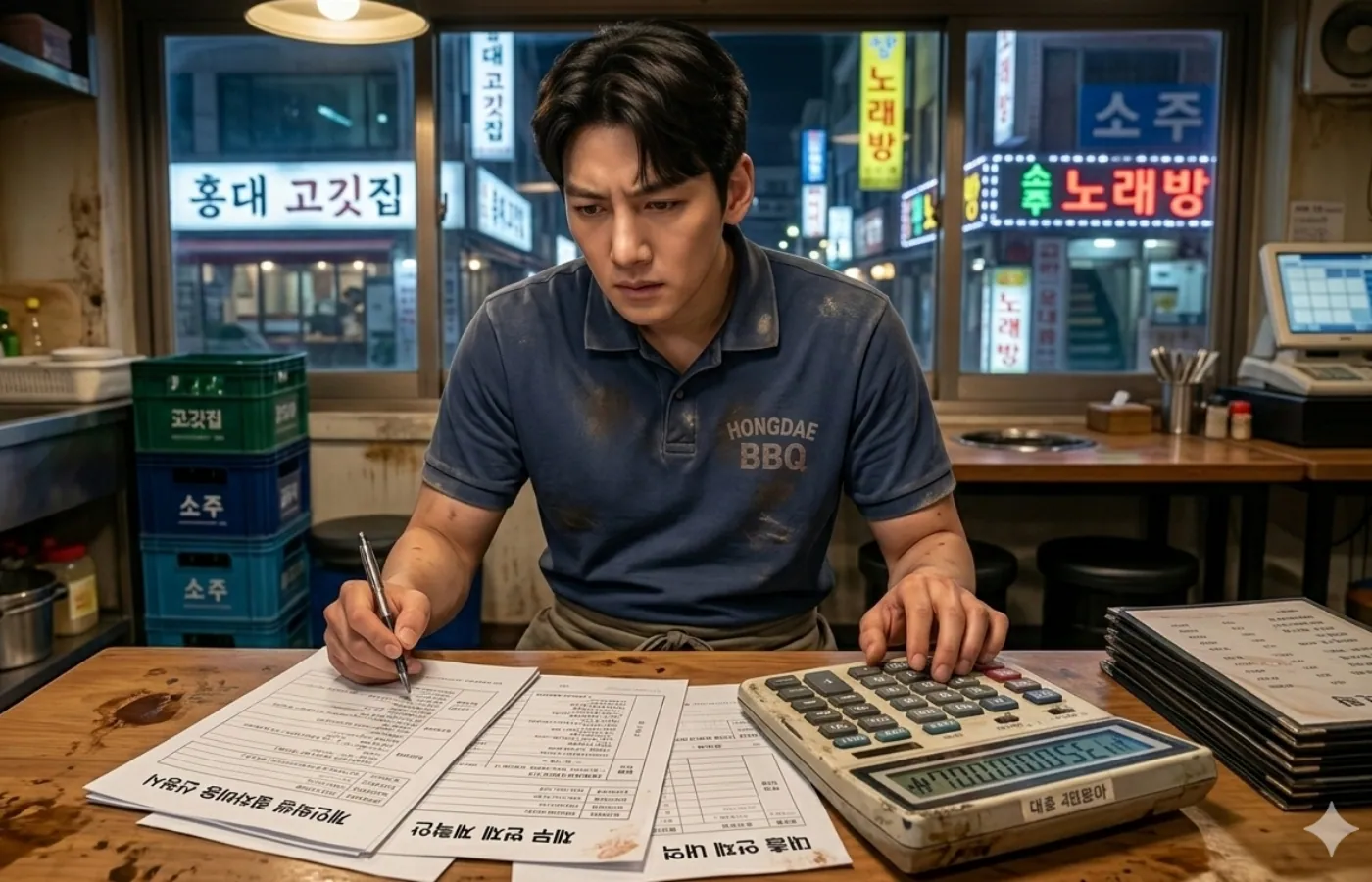 개인회생 절차비용 마포구 홍대에서 자영업자 대표님이 장사 전 테이블에서 서류 작업하는 모습입니다.