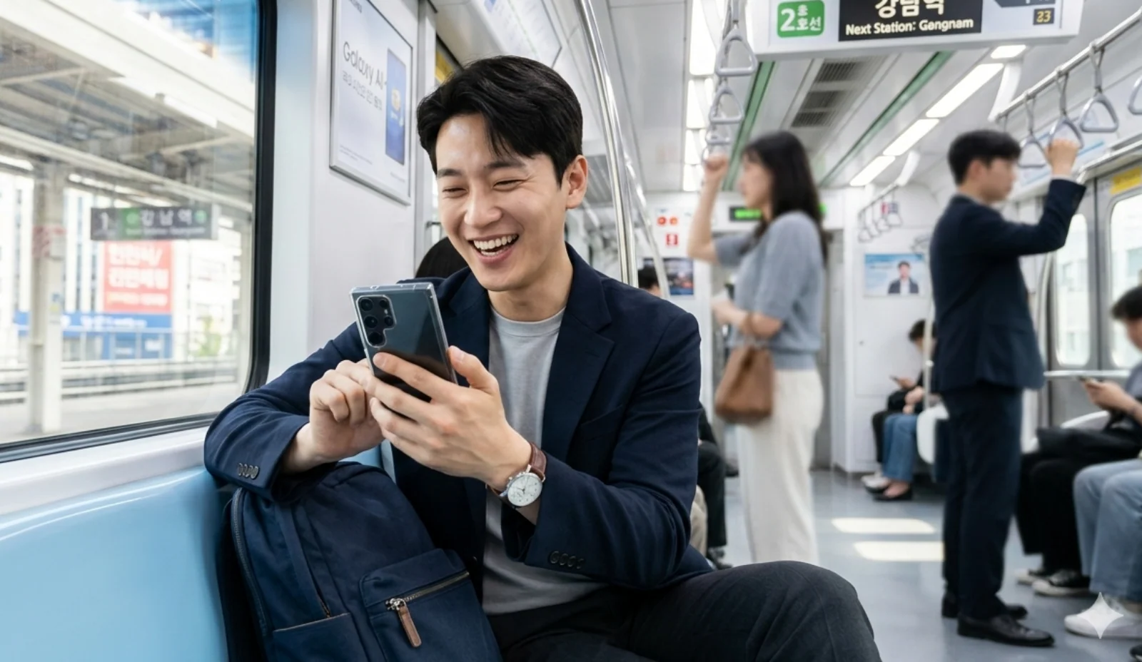 갤럭시 S26 무이자 14개월 출퇴근 지하철 안에서 남성이 갤럭시 울트라 구매 후 너무 신이 난 모습입니다. 깔끔한 정장과 손목 시계를 찬 샐러리맨입니다.